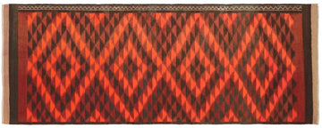 Flat Weave Kilim, Antique, Navaho, Vintage, Handmade, Geometric Kilim Rust Burgundy Hand-Woven Runner 100% Wool Area Rug 4 x 12